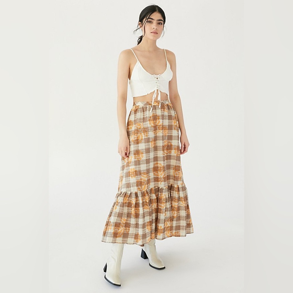 Plaid Maxi Skirt in Brown and Cream